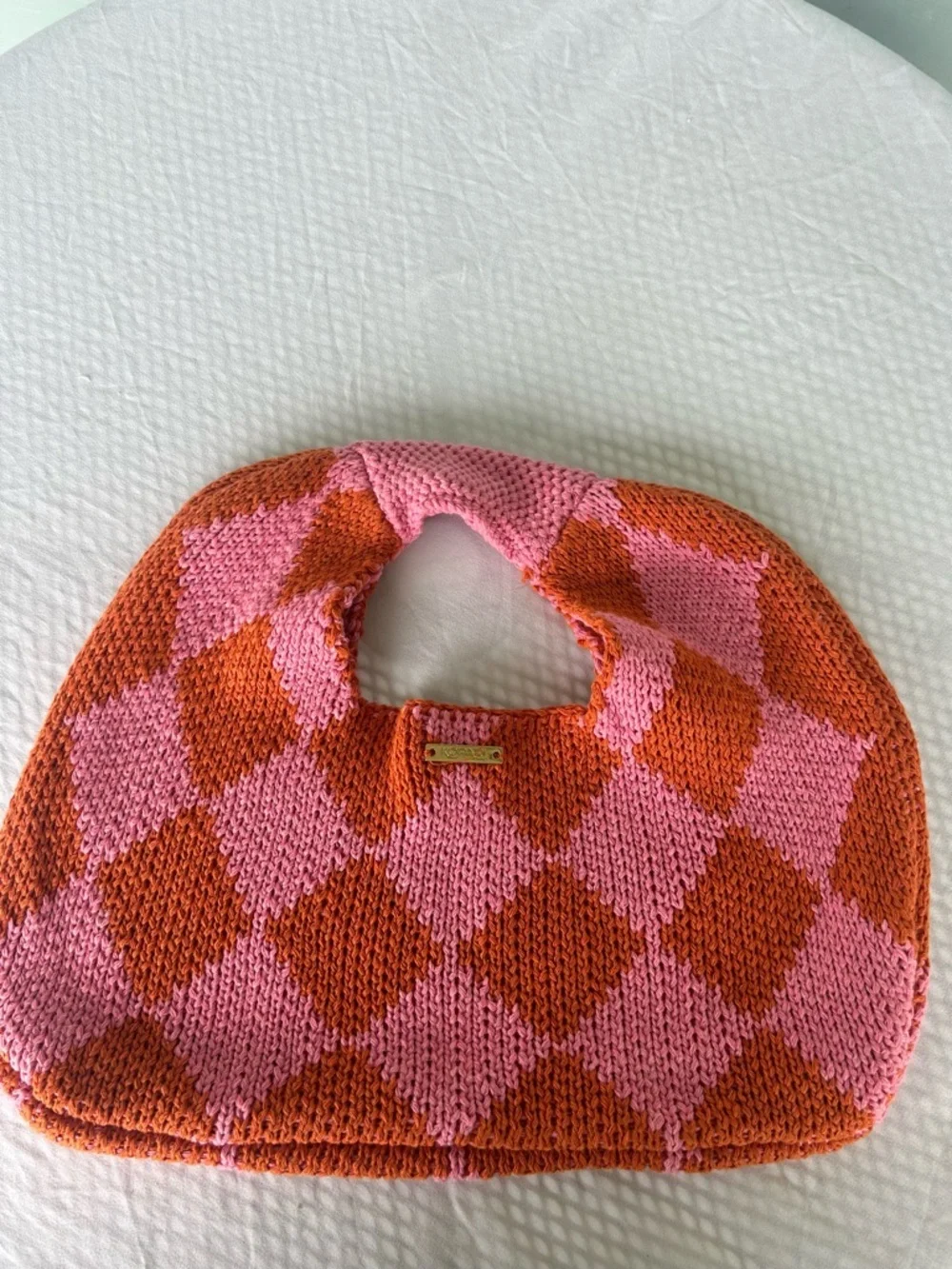 Kopari Purse Knit Argyle Pink Orange Circle Handbag Sweater Knit